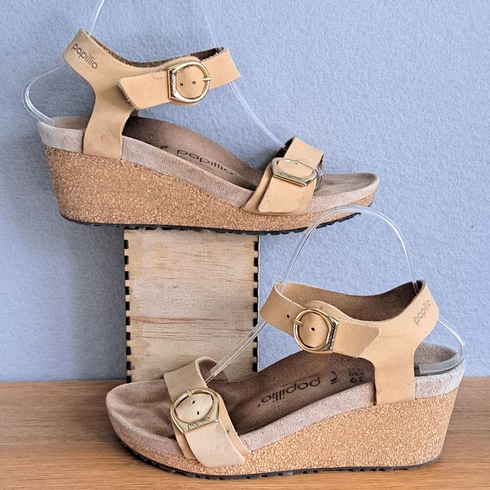 Papillio Birkenstock Soley Wedge Sandals EU 39 US  8 8.5 Narrow Tan Nubuck - Picture 4 of 9